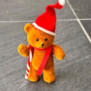 Fuzzy‎ Christmas Teddy Bear Red Santa Hat Scarf Figurine Ornament Holiday Decor